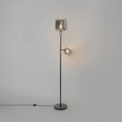 QAZQA Stehlampen|Wohnzimmerlampen*Stehlampe schwarz mit Gold mit Rauchglas 2 Lichter - Zuzanna