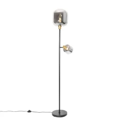 QAZQA Stehlampen|Wohnzimmerlampen*Stehlampe schwarz mit Gold mit Rauchglas 2 Lichter - Zuzanna