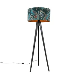 QAZQA Stehlampen|Wohnzimmerlampen*Stehlampe Stativ schwarz mit Schirm Pfau 50 cm - Tripod Classic