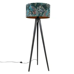 QAZQA Stehlampen|Wohnzimmerlampen*Stehlampe Stativ schwarz mit Schirm Pfau 50 cm - Tripod Classic