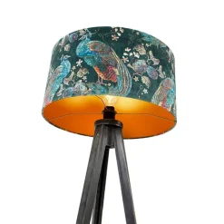 QAZQA Stehlampen|Wohnzimmerlampen*Stehlampe Stativ schwarz mit Schirm Pfau 50 cm - Tripod Classic