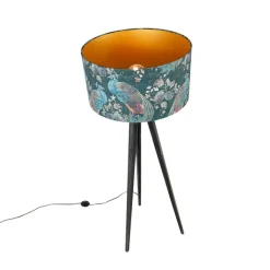 QAZQA Stehlampen|Wohnzimmerlampen*Stehlampe Stativ schwarz mit Schirm Pfau 50 cm - Tripod Classic