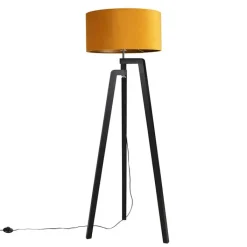 QAZQA Schlafzimmerlampen|Esszimmerlampen*Stehlampe Stativ schwarz mit gelbem Schirm und Gold 50 cm - Puros