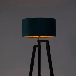 QAZQA Schlafzimmerlampen|Esszimmerlampen*Stehlampe Stativ schwarz mit blauem Schirm und Gold 50 cm - Puros