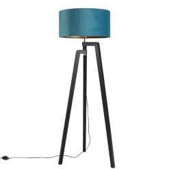 QAZQA Schlafzimmerlampen|Esszimmerlampen*Stehlampe Stativ schwarz mit blauem Schirm und Gold 50 cm - Puros