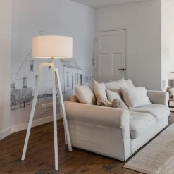 QAZQA Stehlampen|Wohnzimmerlampen*Stehlampe Stativ weißes Holz mit weißem Schirm 50 cm - Puros