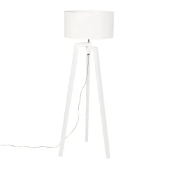 QAZQA Stehlampen|Wohnzimmerlampen*Stehlampe Stativ weißes Holz mit weißem Schirm 50 cm - Puros