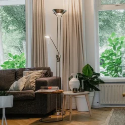 QAZQA Schlafzimmerlampen|Küchenlampen*Stehleuchte Stahl mit Leselampe inkl. LED und Dimmer - Diva