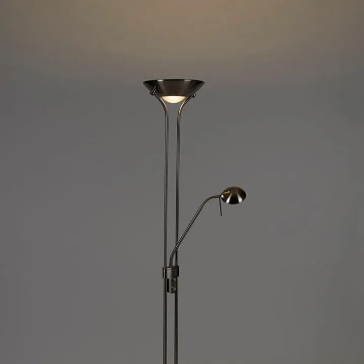 QAZQA Schlafzimmerlampen|Küchenlampen*Stehleuchte Stahl mit Leselampe inkl. LED und Dimmer - Diva