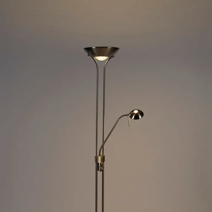 QAZQA Schlafzimmerlampen|Küchenlampen*Stehleuchte Stahl mit Leselampe inkl. LED und Dimmer - Diva