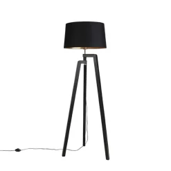 QAZQA Stehlampen|Wohnzimmerlampen*Stehleuchte Stativ mit Baumwollschirm schwarz mit Gold 50 cm - Puros