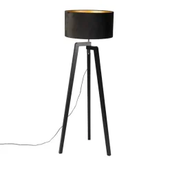 QAZQA Stehlampen|Wohnzimmerlampen*Stehleuchte Stativ schwarz Holz mit schwarzem Schirm 50 cm - Puros