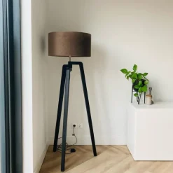 QAZQA Stehlampen|Wohnzimmerlampen*Stehleuchte Stativ schwarz mit taupe Schirm und Gold 50 cm - Puros