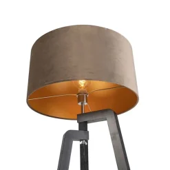 QAZQA Stehlampen|Wohnzimmerlampen*Stehleuchte Stativ schwarz mit taupe Schirm und Gold 50 cm - Puros