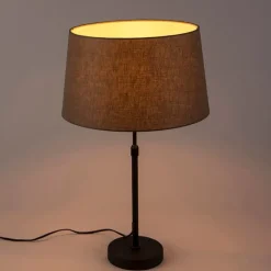 QAZQA Tischlampen|Wohnzimmerlampen*Tischlampe schwarz mit Leinenschirm taupe 35 cm verstellbar - Parte