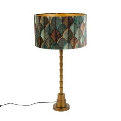 QAZQA Tischlampen|Wohnzimmerlampen*Tischleuchte Bronze mit Samtlampenschirm Blattdesign und goldener Innenseite - Pisos