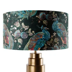 QAZQA Schlafzimmerlampen|Küchenlampen*Tischleuchte Bronze Samtlampenschirm Pfauen grün mit Gold 50 cm - Bruut
