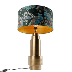 QAZQA Schlafzimmerlampen|Küchenlampen*Tischleuchte Bronze Samtlampenschirm Pfauen grün mit Gold 50 cm - Bruut