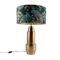 QAZQA Schlafzimmerlampen|Küchenlampen*Tischleuchte Bronze Samtlampenschirm Pfauen grün mit Gold 50 cm - Bruut