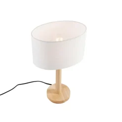 QAZQA Tischlampen|Wohnzimmerlampen*Tischleuchte Holz mit ovalem Leinenschirm weiß 25cm - Mels