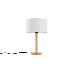 QAZQA Tischlampen|Wohnzimmerlampen*Tischleuchte Holz mit ovalem Leinenschirm weiß 25cm - Mels