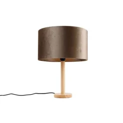 QAZQA Tischlampen|Wohnzimmerlampen*Tischleuchte Holz mit Samtschirm Taupe 35cm - Mels