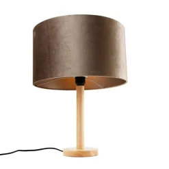 QAZQA Tischlampen|Wohnzimmerlampen*Tischleuchte Holz mit Samtschirm Taupe 35cm - Mels