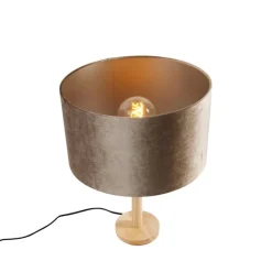 QAZQA Tischlampen|Wohnzimmerlampen*Tischleuchte Holz mit Samtschirm Taupe 35cm - Mels