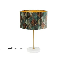 QAZQA Tischlampen|Wohnzimmerlampen*Tischleuchte Messing mit Samtlampenschirm Blattdesign und goldener Innenseite - Kaso