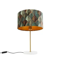 QAZQA Tischlampen|Wohnzimmerlampen*Tischleuchte Messing mit Samtlampenschirm Blattdesign und goldener Innenseite - Kaso