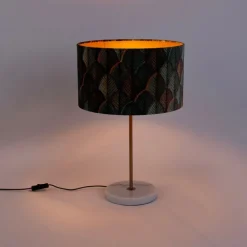 QAZQA Tischlampen|Wohnzimmerlampen*Tischleuchte Messing mit Samtlampenschirm Blattdesign und goldener Innenseite - Kaso