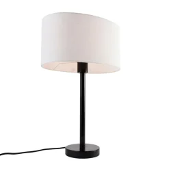 QAZQA Tischlampen|Wohnzimmerlampen*Tischleuchte Schwarz mit ovalem Leinenschirm Weiß 35cm - Simplo