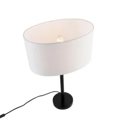 QAZQA Tischlampen|Wohnzimmerlampen*Tischleuchte Schwarz mit ovalem Leinenschirm Weiß 35cm - Simplo