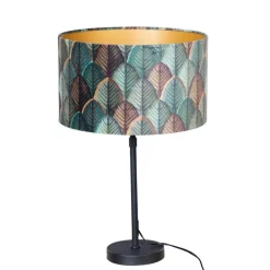 QAZQA Tischlampen|Wohnzimmerlampen*Tischleuchte Schwarz mit Samtlampenschirm Blattdesign und goldener Innenseite - Parte