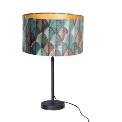 QAZQA Tischlampen|Wohnzimmerlampen*Tischleuchte Schwarz mit Samtlampenschirm Blattdesign und goldener Innenseite - Parte