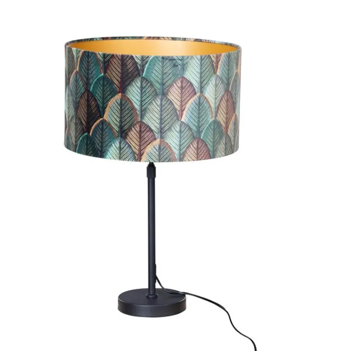 QAZQA Tischlampen|Wohnzimmerlampen*Tischleuchte Schwarz mit Samtlampenschirm Blattdesign und goldener Innenseite - Parte