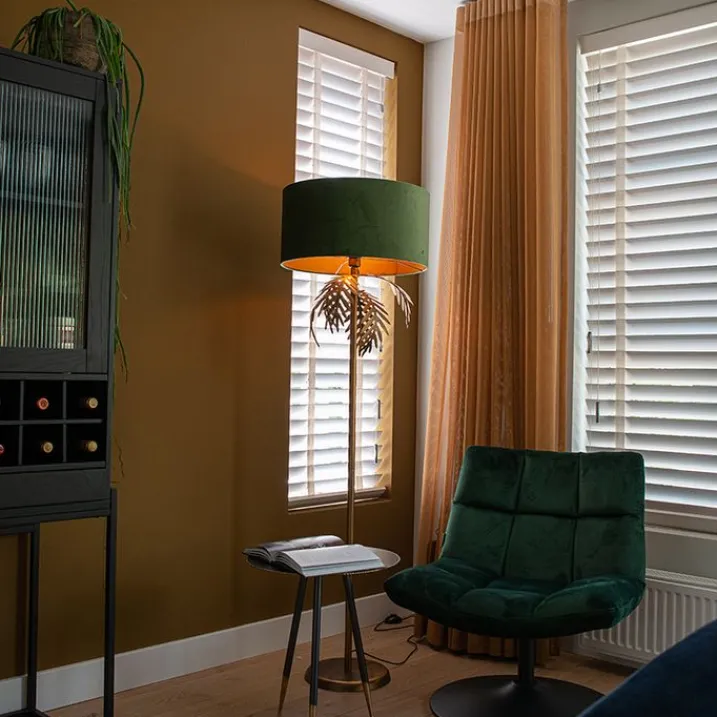 QAZQA Stehlampen|Wohnzimmerlampen*Vintage goldene Stehlampe mit grünem Samtschirm - Botanica