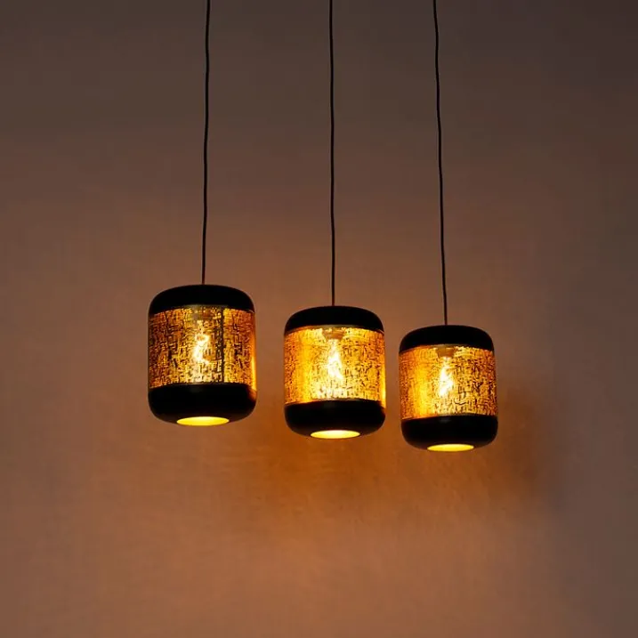 QAZQA Pendelleuchten|Wohnzimmerlampen*Vintage Hängelampe schwarz mit Messing länglich 3-flammig - Kayleigh