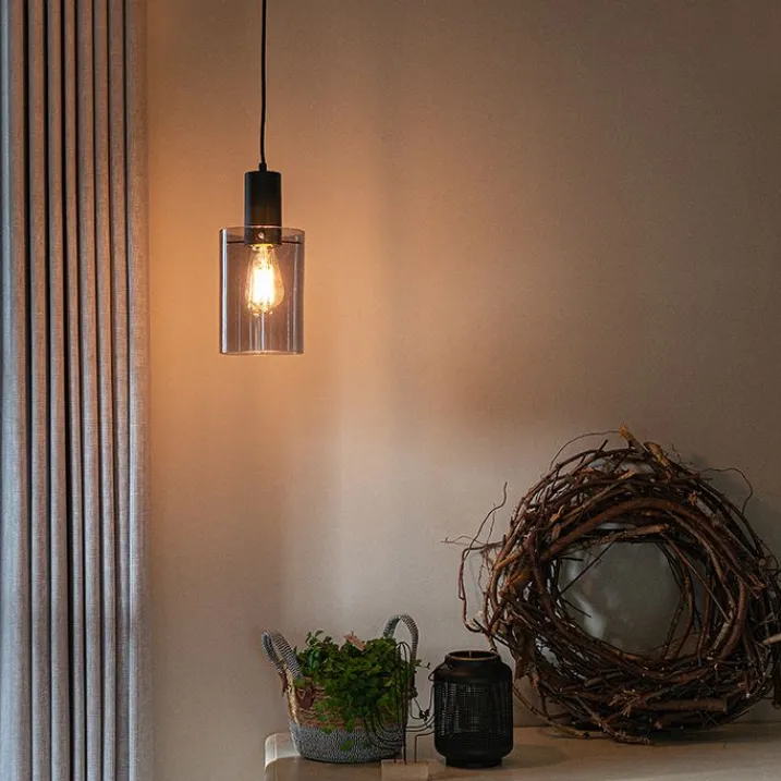 QAZQA Schlafzimmerlampen|Küchenlampen*Vintage Hängelampe schwarz mit Rauchglas - Vidra