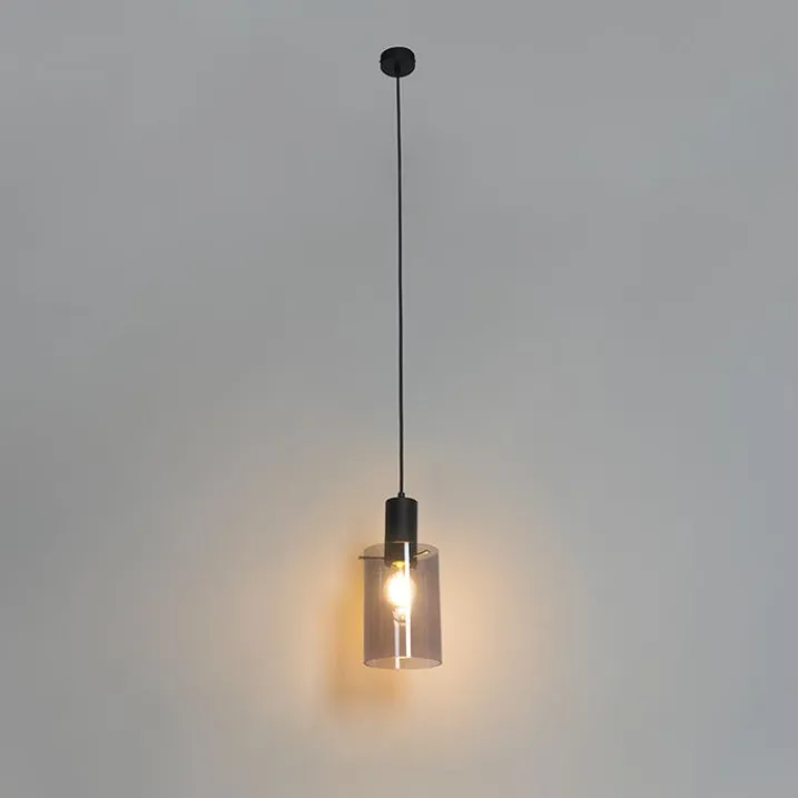QAZQA Schlafzimmerlampen|Küchenlampen*Vintage Hängelampe schwarz mit Rauchglas - Vidra