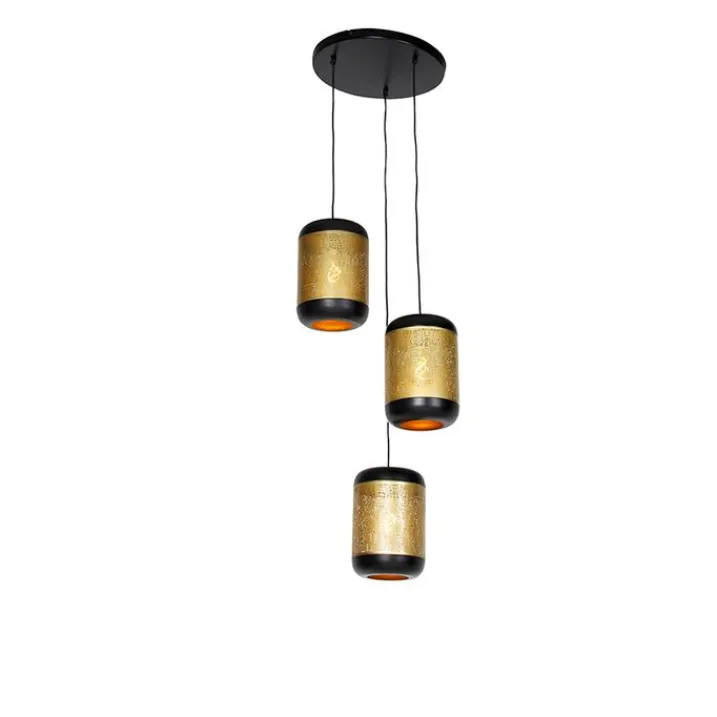 QAZQA Pendelleuchten|Wohnzimmerlampen*Vintage Hängelampe schwarz mit Messing rund 3-flammig - Kayleigh
