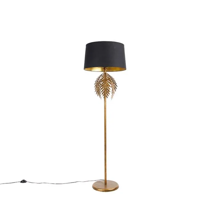 QAZQA Stehlampen|Wohnzimmerlampen*Vintage Stehlampe Gold mit Baumwollschirm schwarz - Botanica