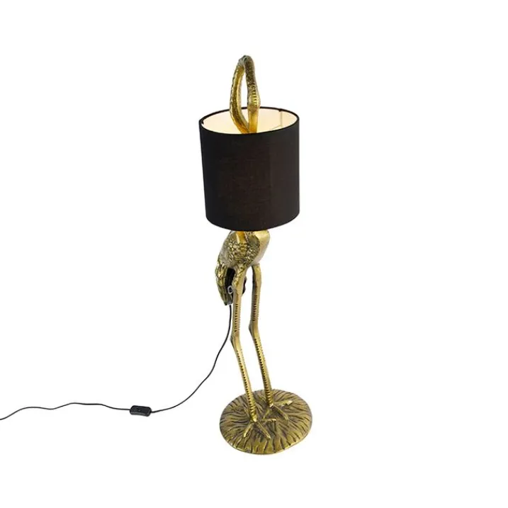 QAZQA Stehlampen|Wohnzimmerlampen*Vintage Stehlampe Messing Stoffschirm schwarz - Kranichvogel