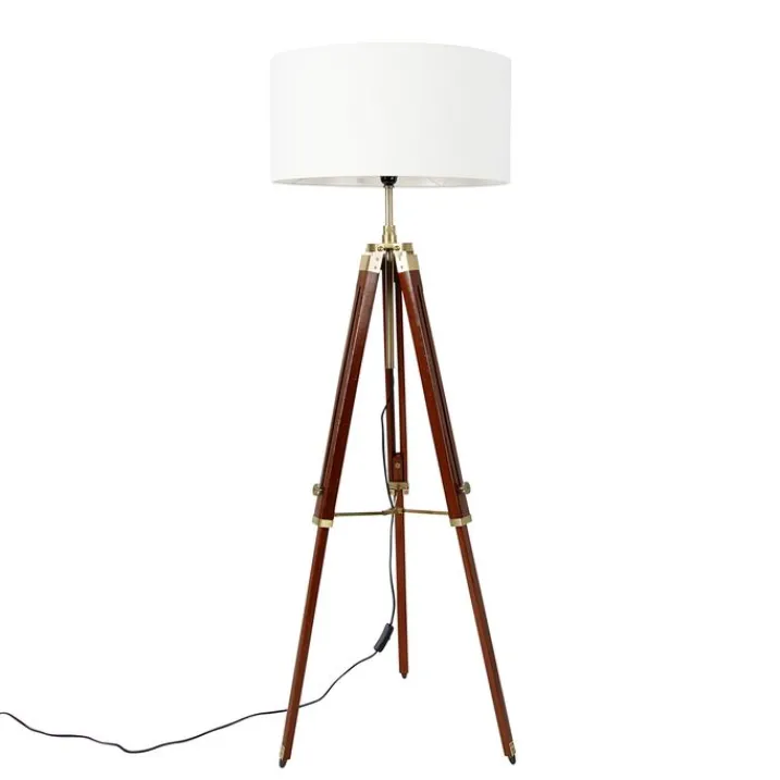 QAZQA Stehlampen|Wohnzimmerlampen*Vintage Stehlampe Messing mit Schirm weiß 50 cm Dreibein - Cortin