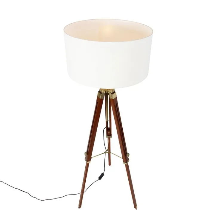 QAZQA Stehlampen|Wohnzimmerlampen*Vintage Stehlampe Messing mit Schirm weiß 50 cm Dreibein - Cortin