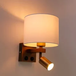QAZQA Wandleuchten|Wohnzimmerlampen*Wandleuchte Bronze mit Leselampe und Schirm 18 cm weiß - Brescia