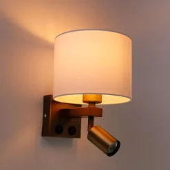 QAZQA Wandleuchten|Wohnzimmerlampen*Wandleuchte Bronze mit Leselampe und Schirm 18 cm weiß - Brescia