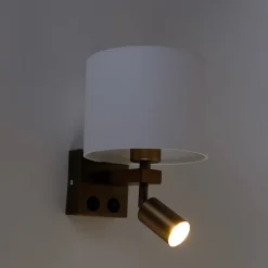 QAZQA Wandleuchten|Wohnzimmerlampen*Wandleuchte Bronze mit Leselampe und Schirm 18 cm weiß - Brescia