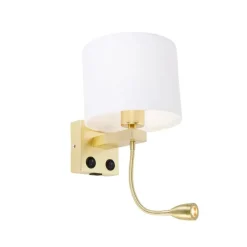 QAZQA Wandleuchten|Wohnzimmerlampen*Wandleuchte gold mit USB und Schirm weiß 18 cm - Brescia Combi