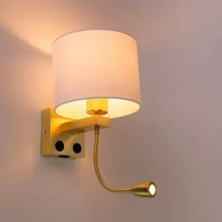 QAZQA Wandleuchten|Wohnzimmerlampen*Wandleuchte gold mit USB und Schirm weiß 18 cm - Brescia Combi